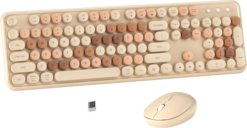 MPTOG Colorful Wireless Computer Keyboard and Mouse Combo with Round Typewriter Keycaps, Retro Design, Power Switch, Ergonomic Design, 2.4GHz Wireless for Windows, Mac, PC(Milk-Tea Colorful) - Image 1